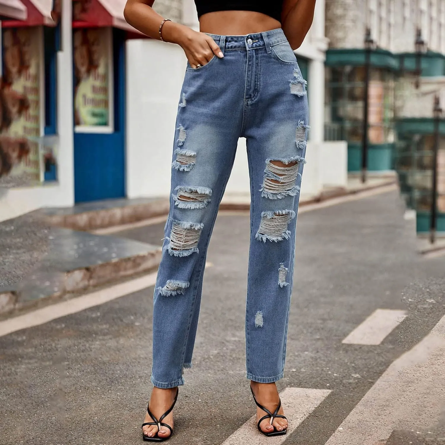 Straight Leg Jeans for Women Trendy Distressed Wide Leg Jeans Baggy Boyfriend Denim Pants Y2k Sexy Ripped Jeans