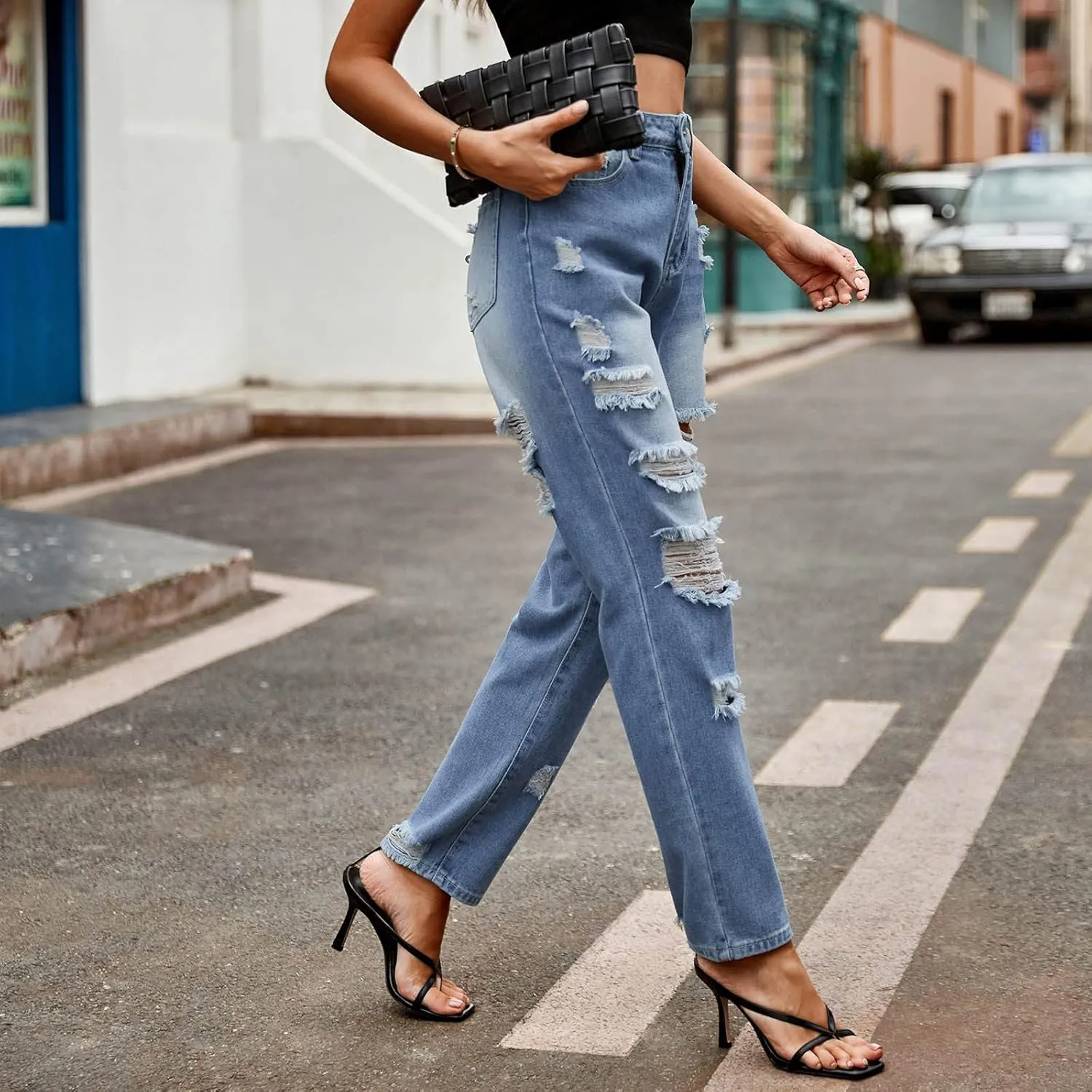 Straight Leg Jeans for Women Trendy Distressed Wide Leg Jeans Baggy Boyfriend Denim Pants Y2k Sexy Ripped Jeans