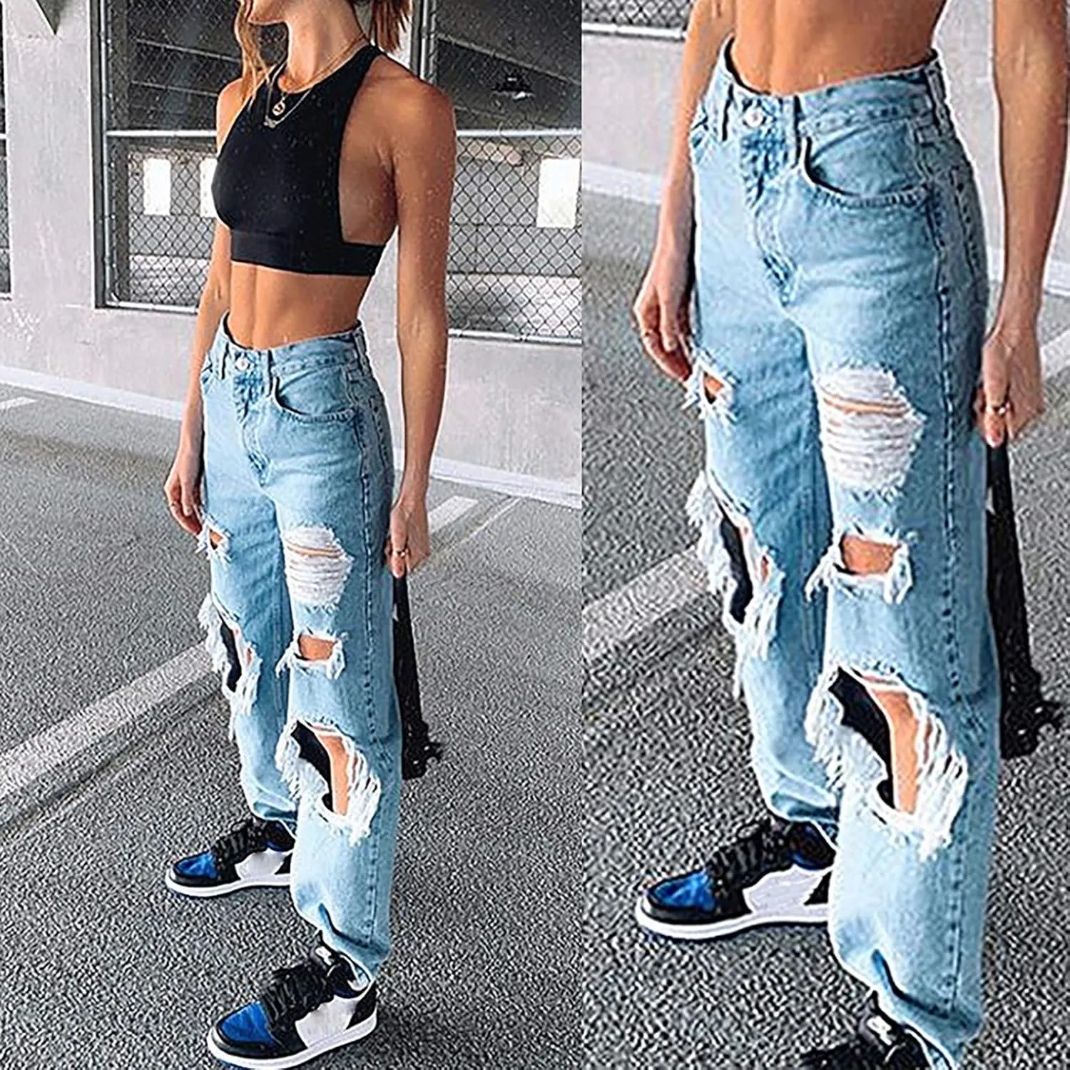 Straight Leg Jeans for Women Trendy Distressed Wide Leg Jeans Baggy Boyfriend Denim Pants Y2k Sexy Ripped Jeans