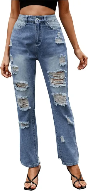 Straight Leg Jeans for Women Trendy Distressed Wide Leg Jeans Baggy Boyfriend Denim Pants Y2k Sexy Ripped Jeans