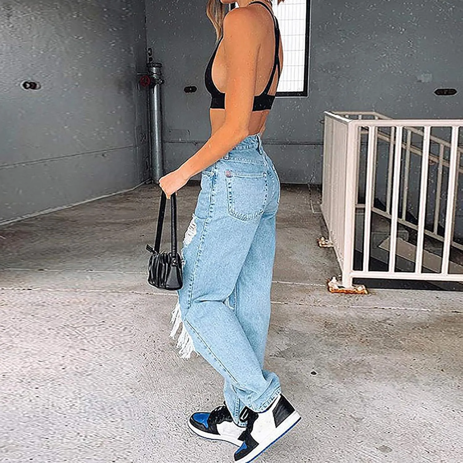 Straight Leg Jeans for Women Trendy Distressed Wide Leg Jeans Baggy Boyfriend Denim Pants Y2k Sexy Ripped Jeans