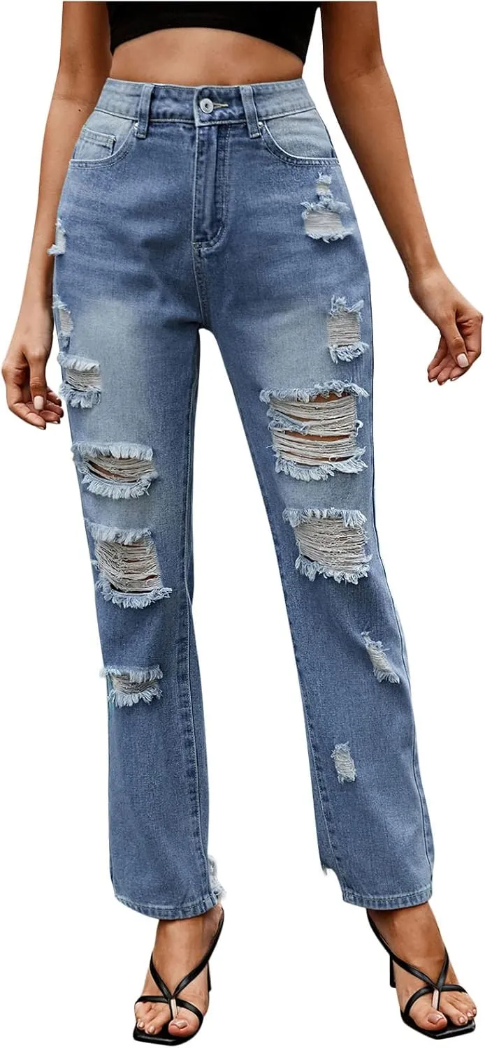 Straight Leg Jeans for Women Trendy Distressed Wide Leg Jeans Baggy Boyfriend Denim Pants Y2k Sexy Ripped Jeans