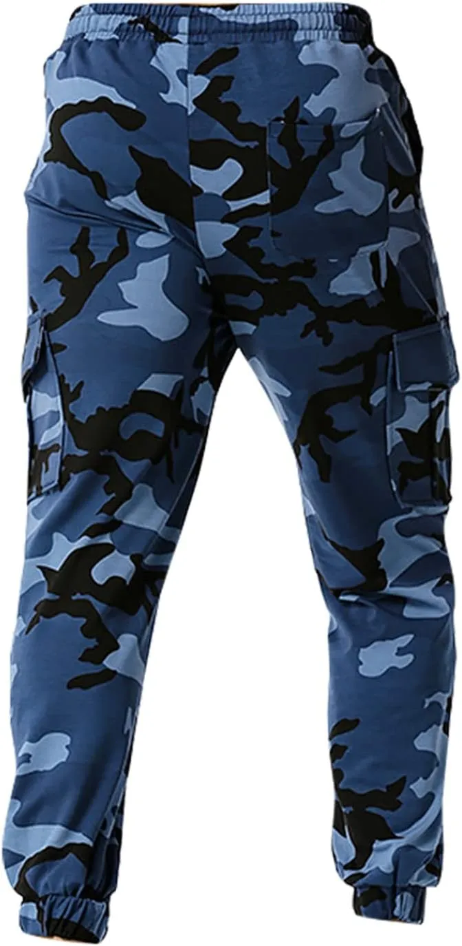 Stretch Multi-Pocket Cargo Pants for Men Drawstring Camouflage Print Straight Workout Joggers Sweatpants with Pockets