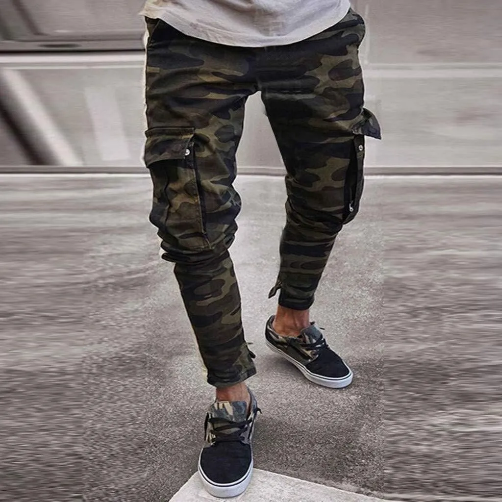 Stretch Multi-Pocket Cargo Pants for Men Drawstring Camouflage Print Straight Workout Joggers Sweatpants with Pockets