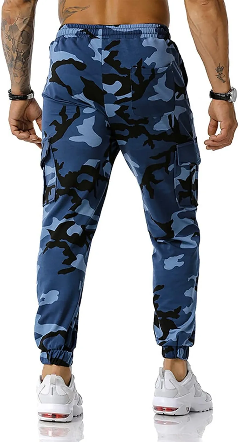 Stretch Multi-Pocket Cargo Pants for Men Drawstring Camouflage Print Straight Workout Joggers Sweatpants with Pockets