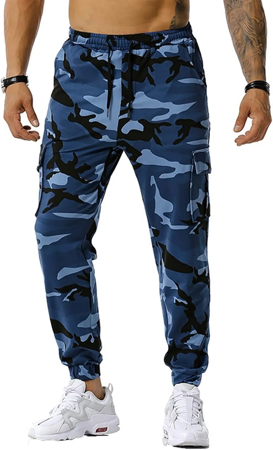 Stretch Multi-Pocket Cargo Pants for Men Drawstring Camouflage Print Straight Workout Joggers Sweatpants with Pockets