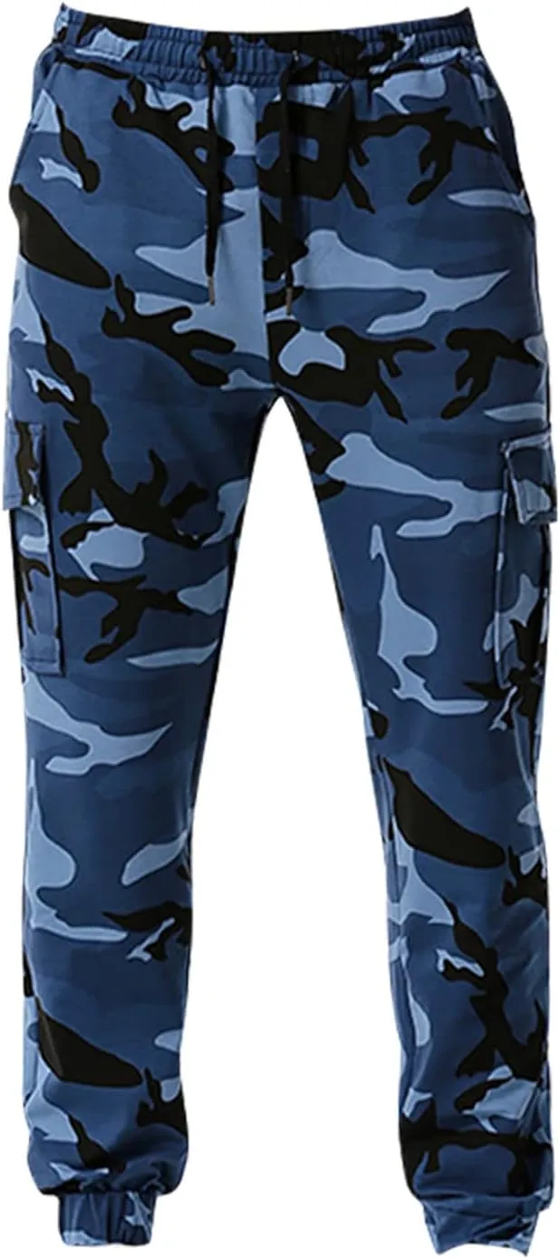 Stretch Multi-Pocket Cargo Pants for Men Drawstring Camouflage Print Straight Workout Joggers Sweatpants with Pockets