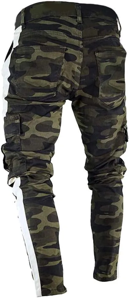 Stretch Multi-Pocket Cargo Pants for Men Drawstring Camouflage Print Straight Workout Joggers Sweatpants with Pockets