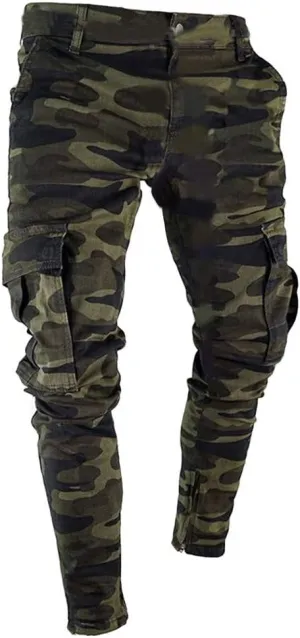 Stretch Multi-Pocket Cargo Pants for Men Drawstring Camouflage Print Straight Workout Joggers Sweatpants with Pockets