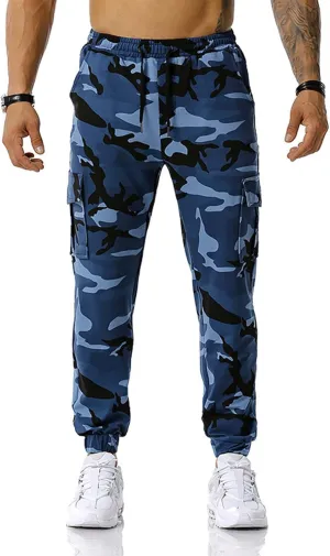 Stretch Multi-Pocket Cargo Pants for Men Drawstring Camouflage Print Straight Workout Joggers Sweatpants with Pockets