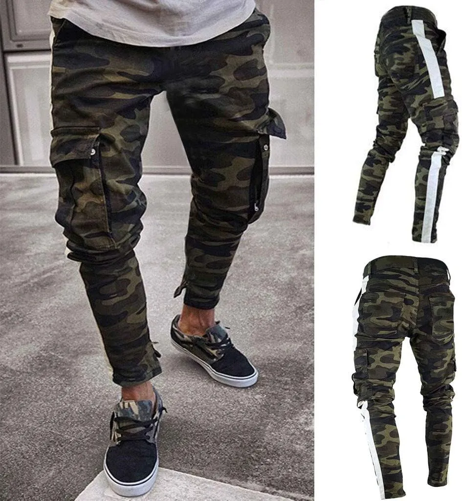 Stretch Multi-Pocket Cargo Pants for Men Drawstring Camouflage Print Straight Workout Joggers Sweatpants with Pockets