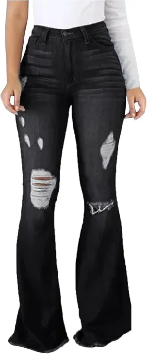 Sunward Bell Bottom Jeans for Women High Waisted Stretch Ripped Jeans Distressed Flare Jeans Y2k Denim Trousers Baggy Jeans