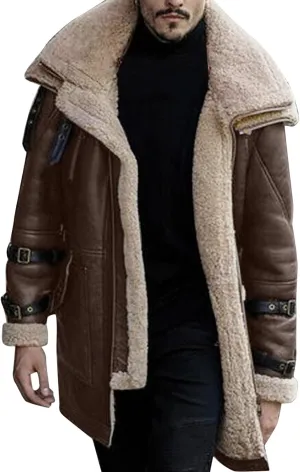 SUWBMHWE Faux Leather Jacket for Men Suede Faux Fur Jackets Outwear Coat Winter Casual Lapel Sherpa-Lined Leather Overcoat