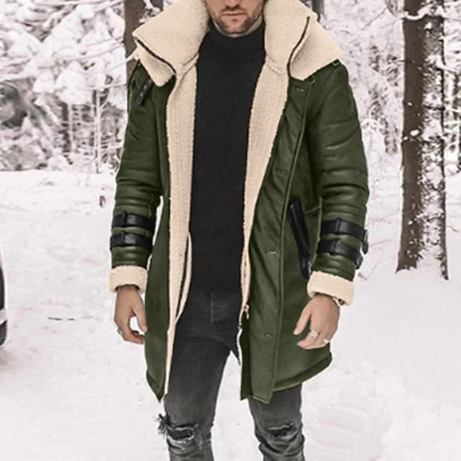 SUWBMHWE Faux Leather Jacket for Men Suede Faux Fur Jackets Outwear Coat Winter Casual Lapel Sherpa-Lined Leather Overcoat