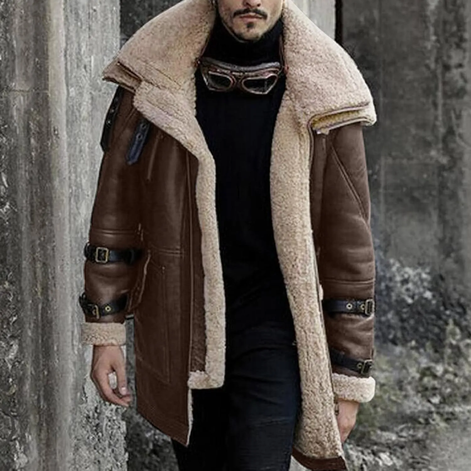 SUWBMHWE Faux Leather Jacket for Men Suede Faux Fur Jackets Outwear Coat Winter Casual Lapel Sherpa-Lined Leather Overcoat