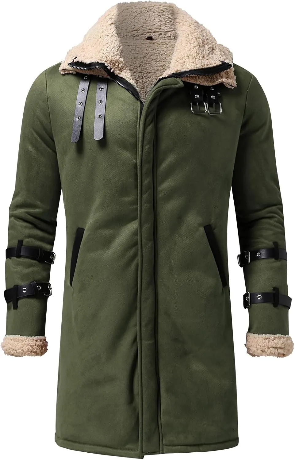 SUWBMHWE Faux Leather Jacket for Men Suede Faux Fur Jackets Outwear Coat Winter Casual Lapel Sherpa-Lined Leather Overcoat