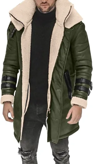 SUWBMHWE Faux Leather Jacket for Men Suede Faux Fur Jackets Outwear Coat Winter Casual Lapel Sherpa-Lined Leather Overcoat