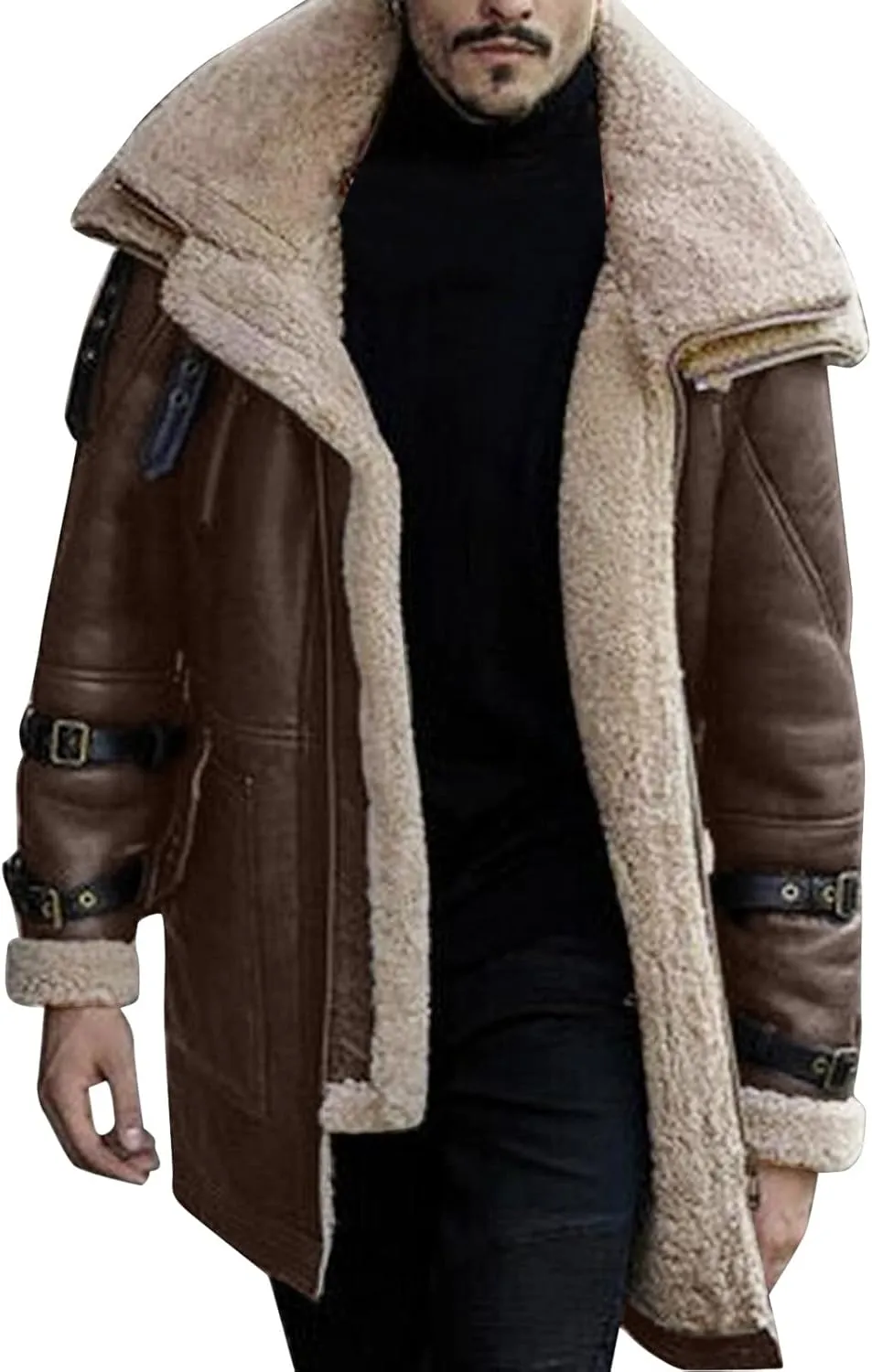 SUWBMHWE Faux Leather Jacket for Men Suede Faux Fur Jackets Outwear Coat Winter Casual Lapel Sherpa-Lined Leather Overcoat