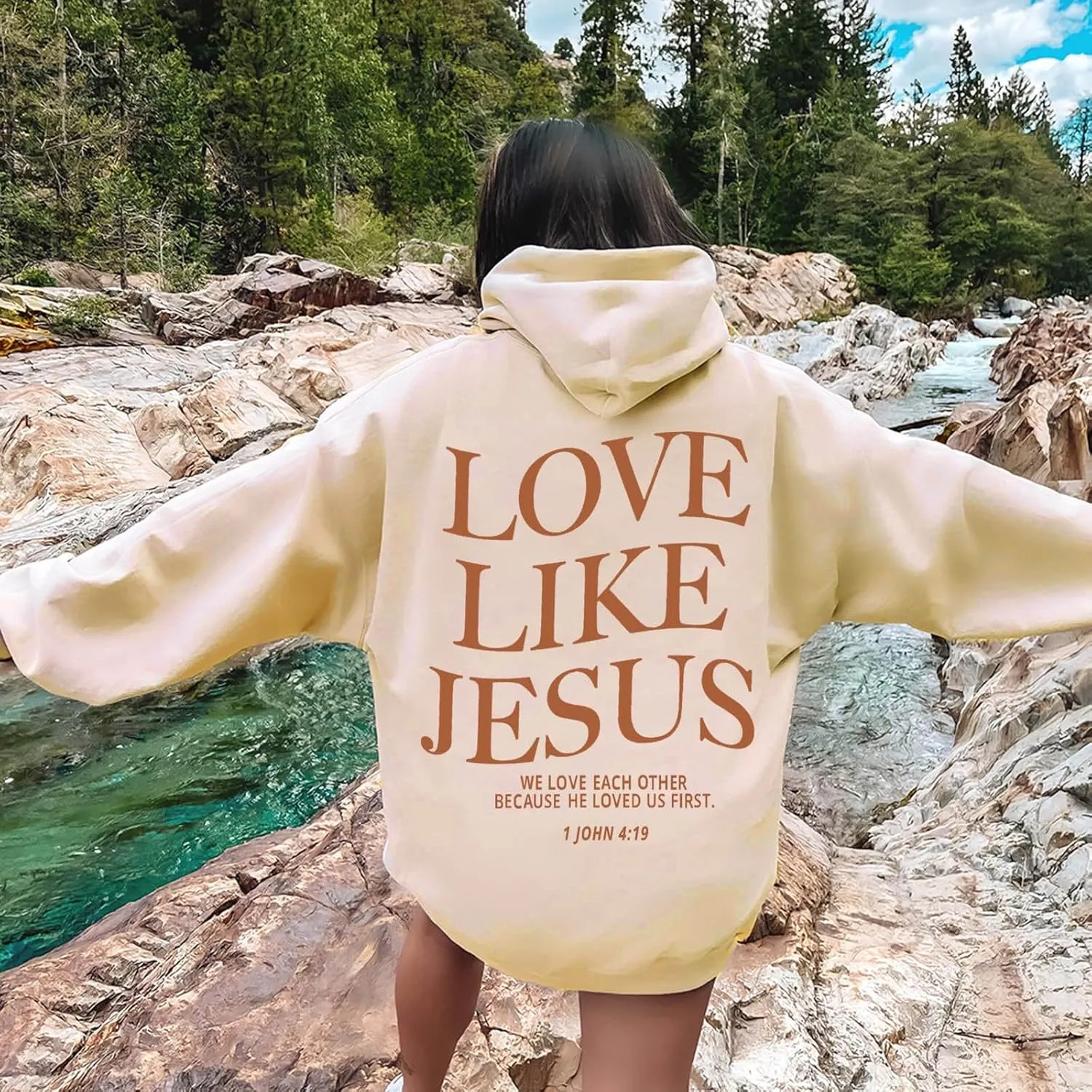 Sweatshirts For Teen Girl Love Like Jesus Long Sleeve Hoodie Graphic Print Drawstring Oversized Hoodie Sweatshirt