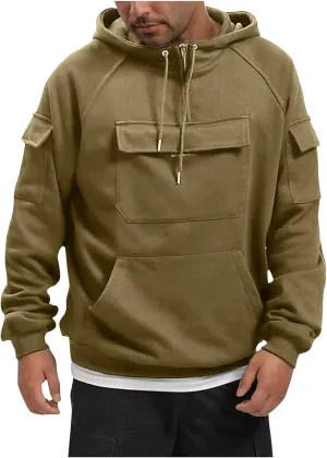 Tactical Hoodies For Men 1/4 Zip Sweatshirt Sweater Vintage Workout Pullover Casual Loose Cargo Multipocket Shirt Top