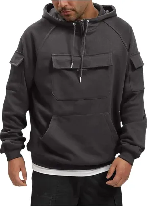 Tactical Hoodies For Men 1/4 Zip Sweatshirt Sweater Vintage Workout Pullover Casual Loose Cargo Multipocket Shirt Top