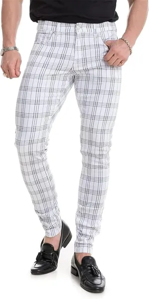 TEGIAS Men's Slim-Fit Stretch Plaid Jean Classic Comfort Regular Fit