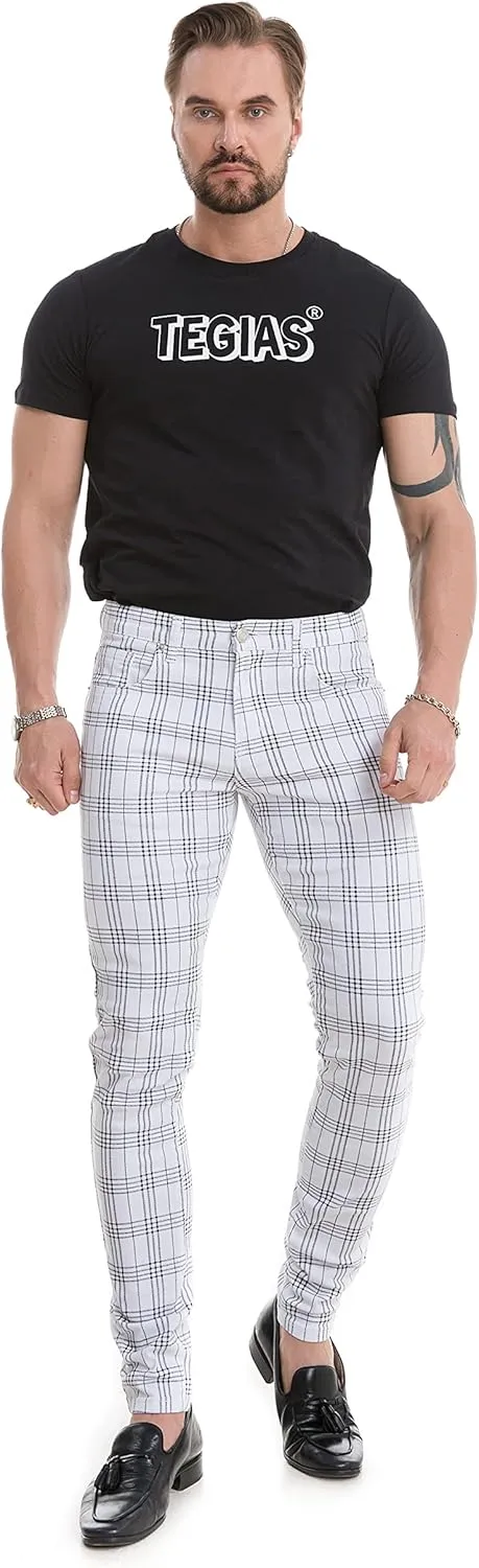 TEGIAS Men's Slim-Fit Stretch Plaid Jean Classic Comfort Regular Fit