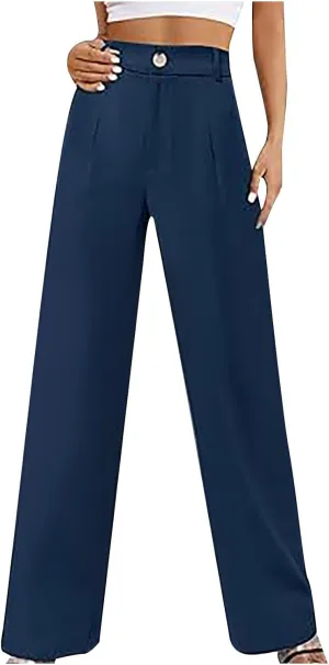Uillui Suit Pants for Women Formal Business Casual Dress Pants Relax Fit Straight Leg Trousers High Waist Button Work Slacks