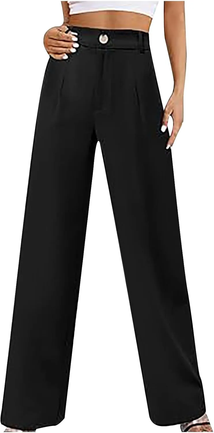 Uillui Suit Pants for Women Formal Business Casual Dress Pants Relax Fit Straight Leg Trousers High Waist Button Work Slacks