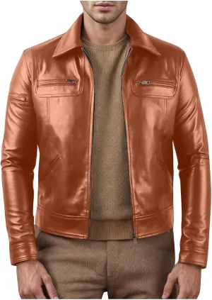 Vintage Leather Jacket Men Casual Lapel Collar Modern Soft Faux Leather Biker Motorcycle Jackets Outerwear Slim Fit