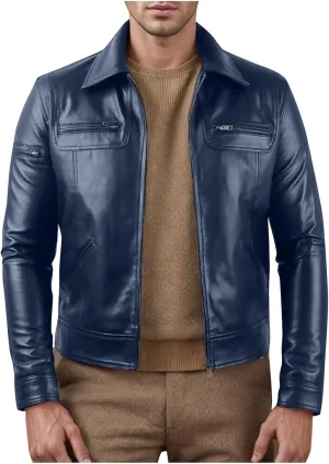 Vintage Leather Jacket Men Casual Lapel Collar Modern Soft Faux Leather Biker Motorcycle Jackets Outerwear Slim Fit