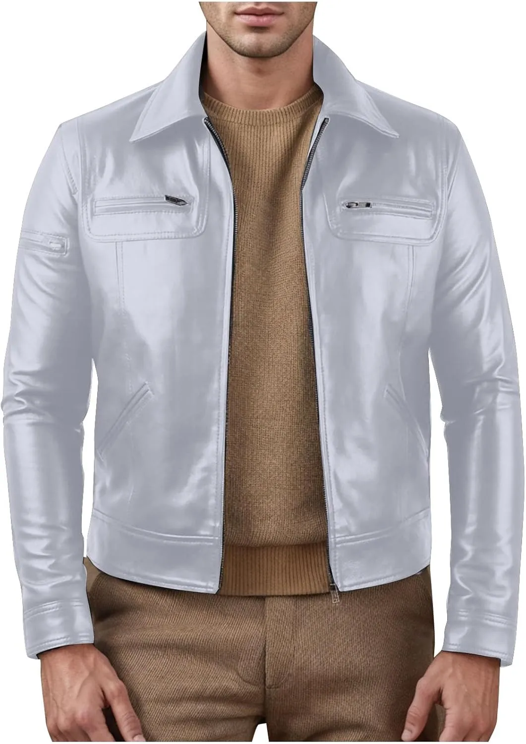 Vintage Leather Jacket Men Casual Lapel Collar Modern Soft Faux Leather Biker Motorcycle Jackets Outerwear Slim Fit