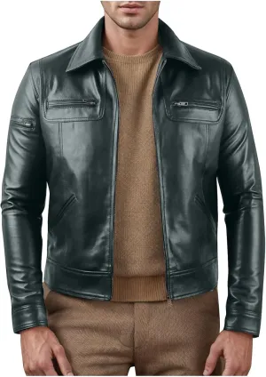 Vintage Leather Jacket Men Casual Lapel Collar Modern Soft Faux Leather Biker Motorcycle Jackets Outerwear Slim Fit