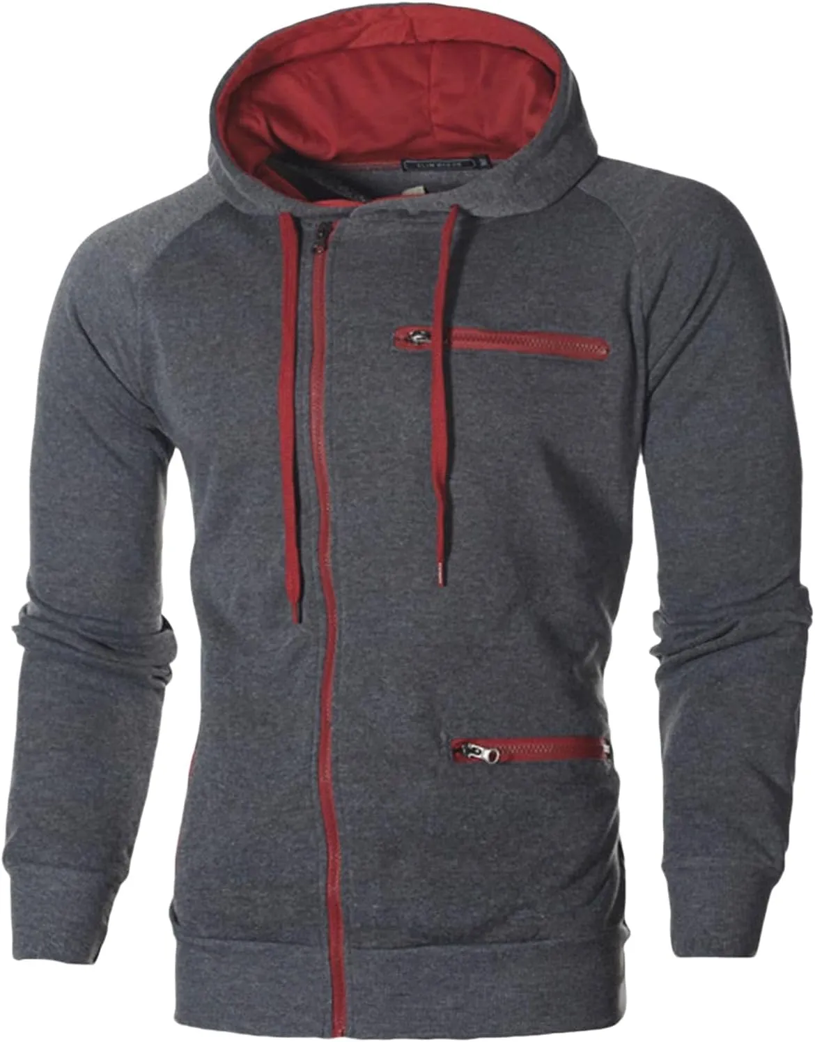 Wankang Mens Full Zip Fleece Hoodies Solid Drawstring Slim Fit Long Sleeve Lightweight Hooded Sweatshirt with Zipper Pockets