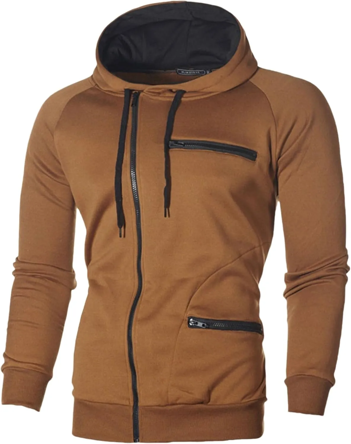 Wankang Mens Full Zip Fleece Hoodies Solid Drawstring Slim Fit Long Sleeve Lightweight Hooded Sweatshirt with Zipper Pockets