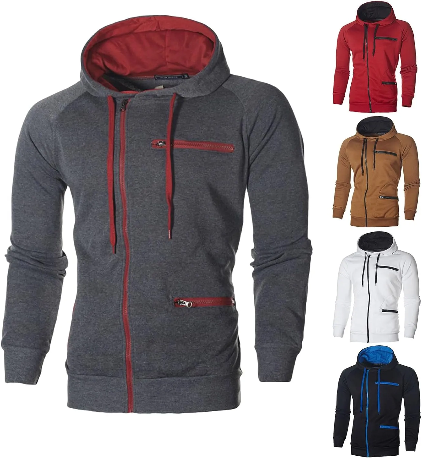 Wankang Mens Full Zip Fleece Hoodies Solid Drawstring Slim Fit Long Sleeve Lightweight Hooded Sweatshirt with Zipper Pockets