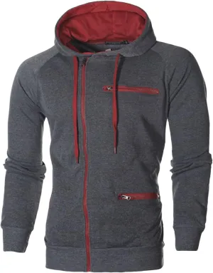 Wankang Mens Full Zip Fleece Hoodies Solid Drawstring Slim Fit Long Sleeve Lightweight Hooded Sweatshirt with Zipper Pockets