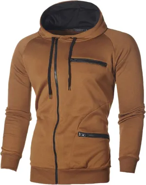 Wankang Mens Full Zip Fleece Hoodies Solid Drawstring Slim Fit Long Sleeve Lightweight Hooded Sweatshirt with Zipper Pockets