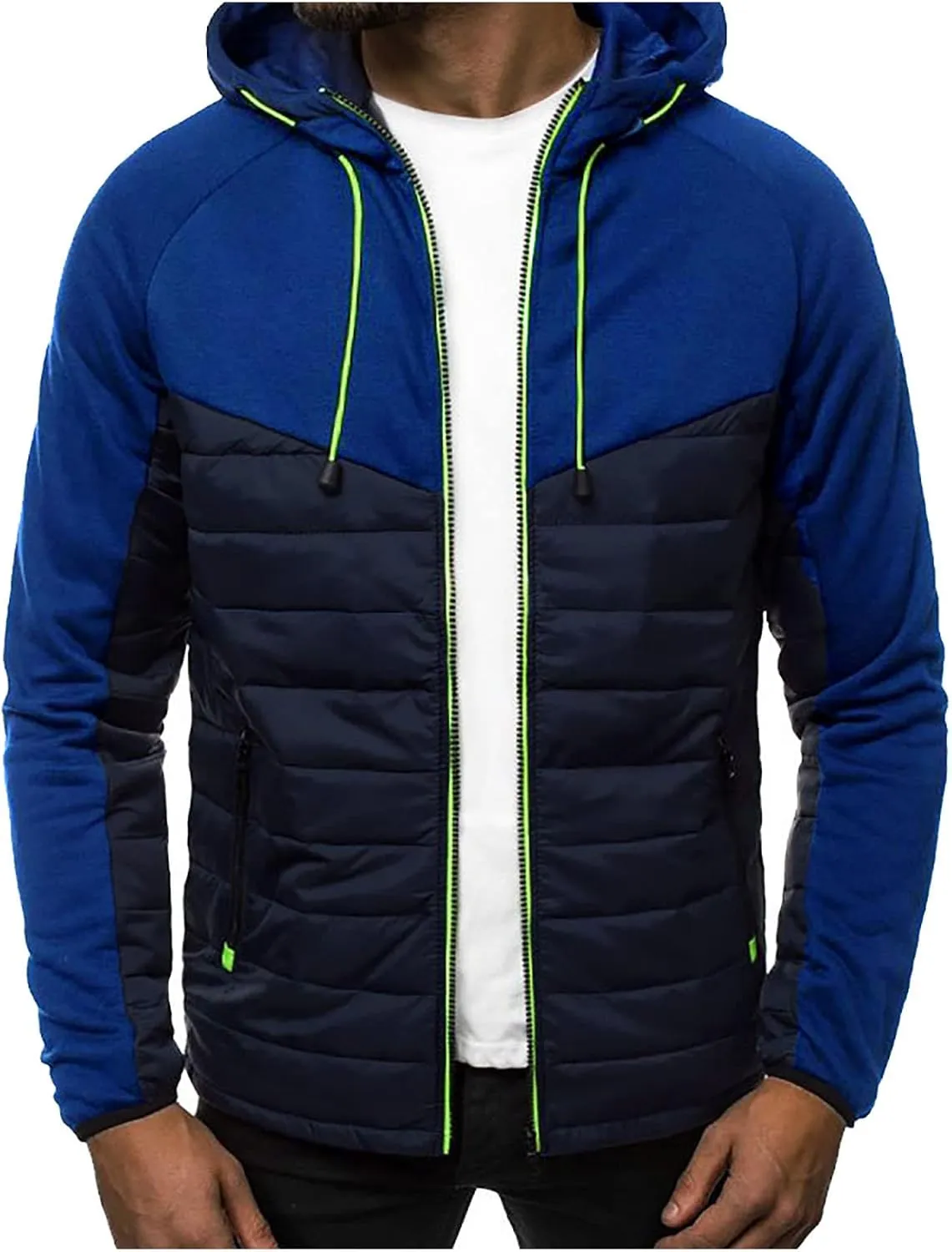 Warm Hoodies For Men Zip Up Hoodies Slim Fit Color Block Quilted Sweatshirts Jacket With Zipper Pockets
