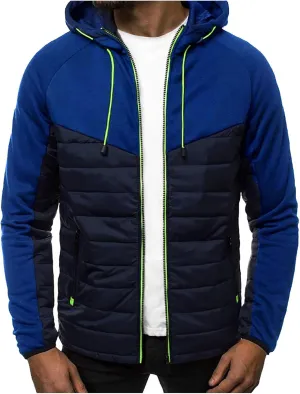 Warm Hoodies For Men Zip Up Hoodies Slim Fit Color Block Quilted Sweatshirts Jacket With Zipper Pockets