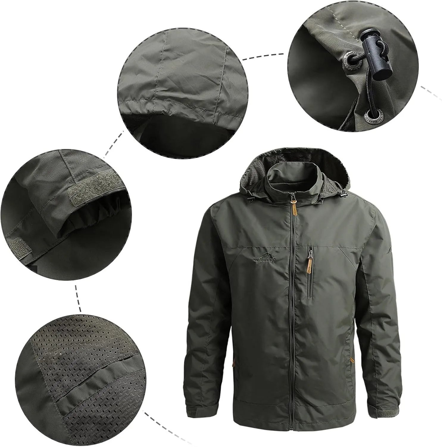 Waterproof Jackets for Men Lightweight Full Zip Long Sleeve Windbreaker Jackets with Hood Detachable Hiking Coats