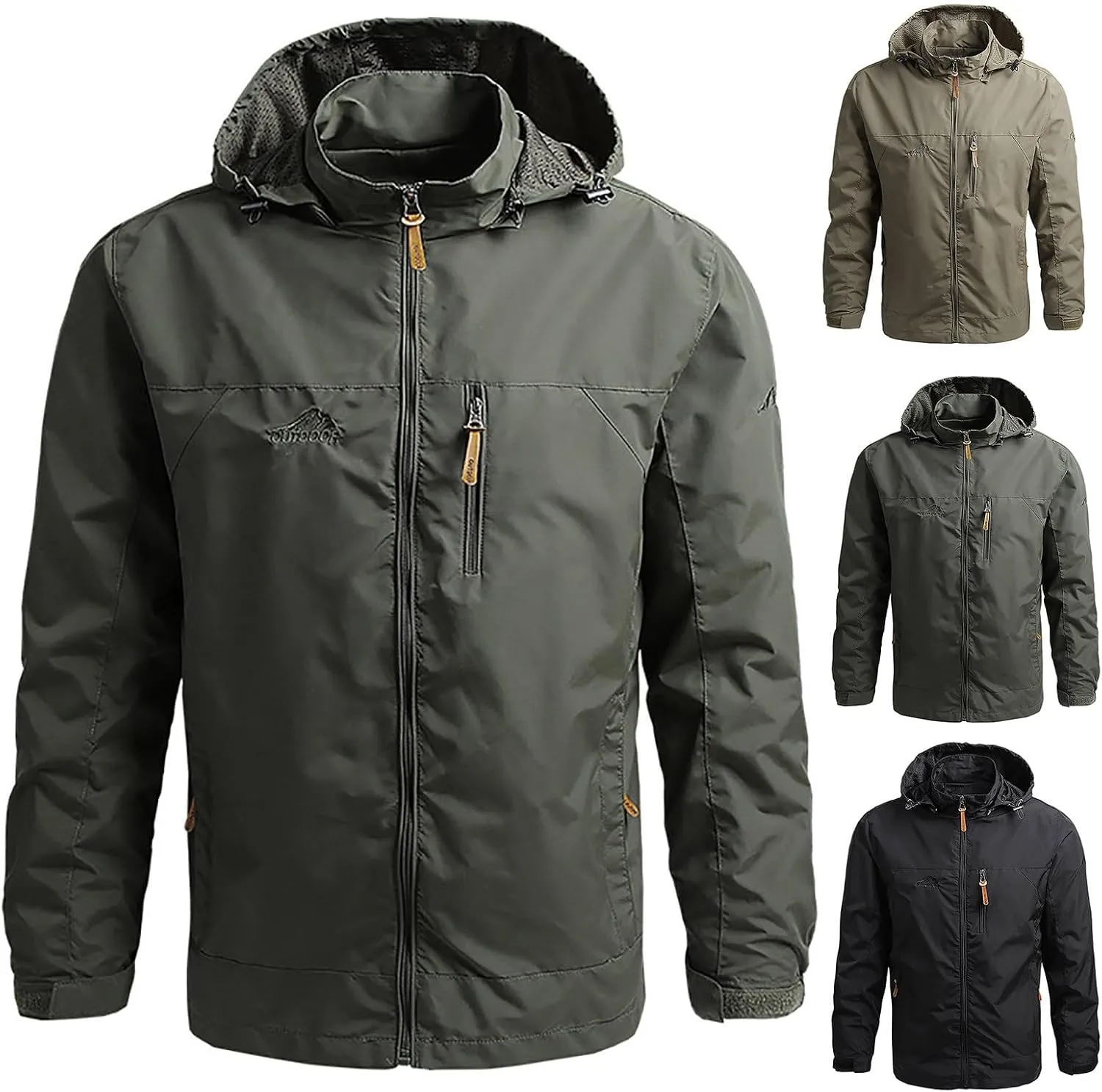 Waterproof Jackets for Men Lightweight Full Zip Long Sleeve Windbreaker Jackets with Hood Detachable Hiking Coats