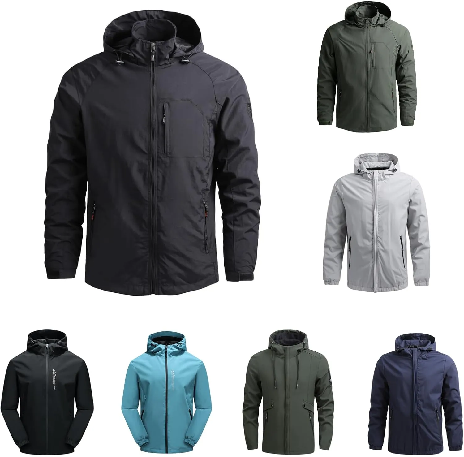 Waterproof Jackets for Men Lightweight Full Zip Long Sleeve Windbreaker Jackets with Hood Detachable Hiking Coats