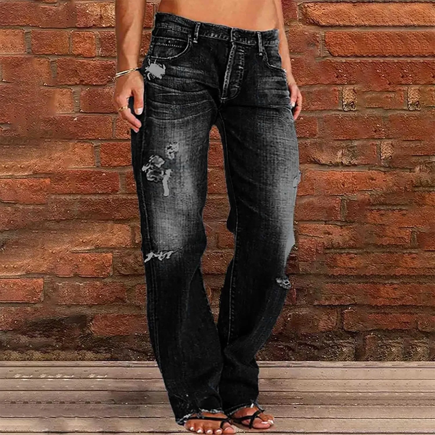Wide Leg Jeans Woman Distressed Straight Leg Jeans Low Rise Ripped Jeans Baggy Jeans Boyfriend Denim Pants