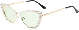 willochra Pearls Crystal Shiny Cat Eye Sunglasses For Women Vintage Fashion Luxury Rhinestone Sun Glasses Female Shades F25