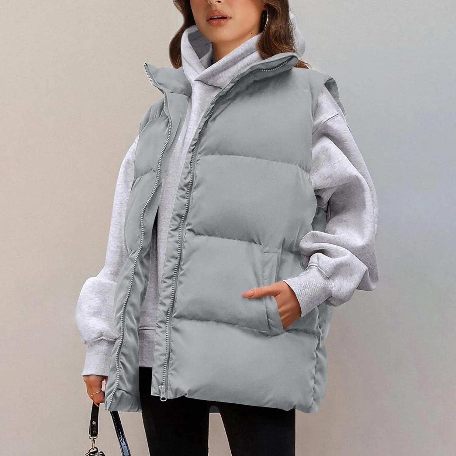 Winter Coats for Women Trendy Cropped Sleeveless Puffer Jacket Full Zip Padded Coat 2024 Casual Solid Versatile Outwear