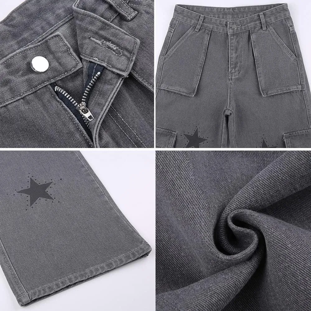 Women Vintage Punk Print Pants Casual Bell Bottom Hip Hop Jeans Loose High Waist Pocket Jeans