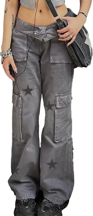 Women Vintage Punk Print Pants Casual Bell Bottom Hip Hop Jeans Loose High Waist Pocket Jeans