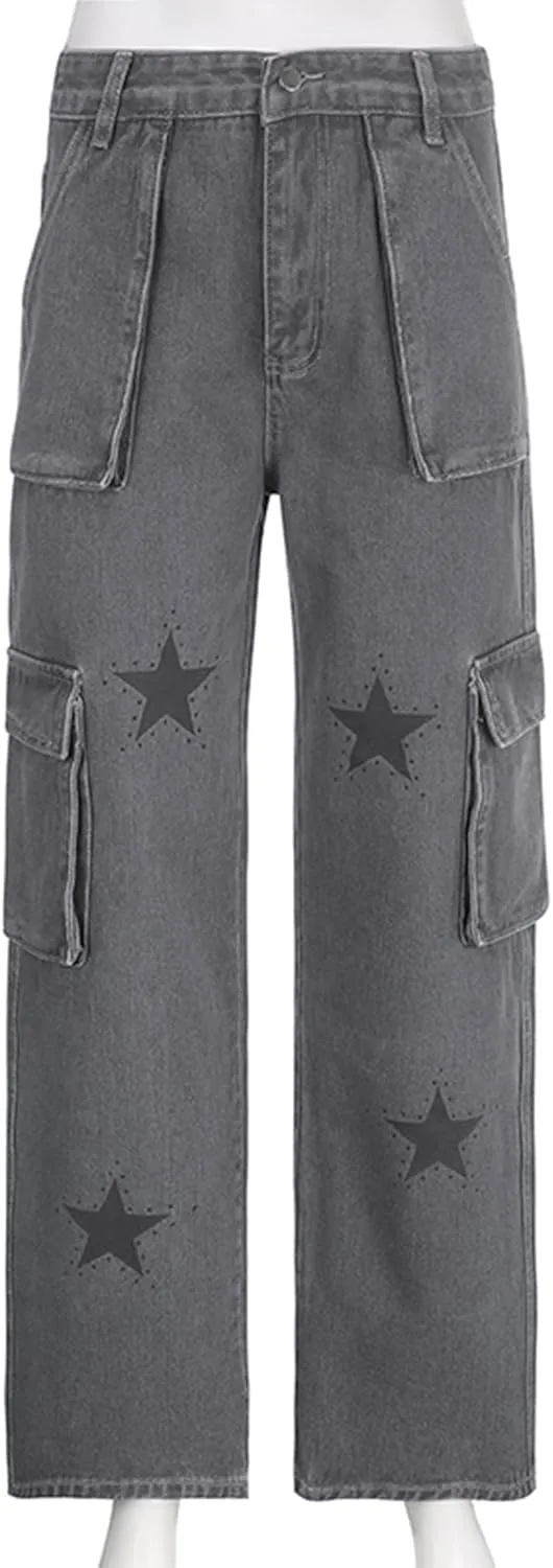 Women Vintage Punk Print Pants Casual Bell Bottom Hip Hop Jeans Loose High Waist Pocket Jeans