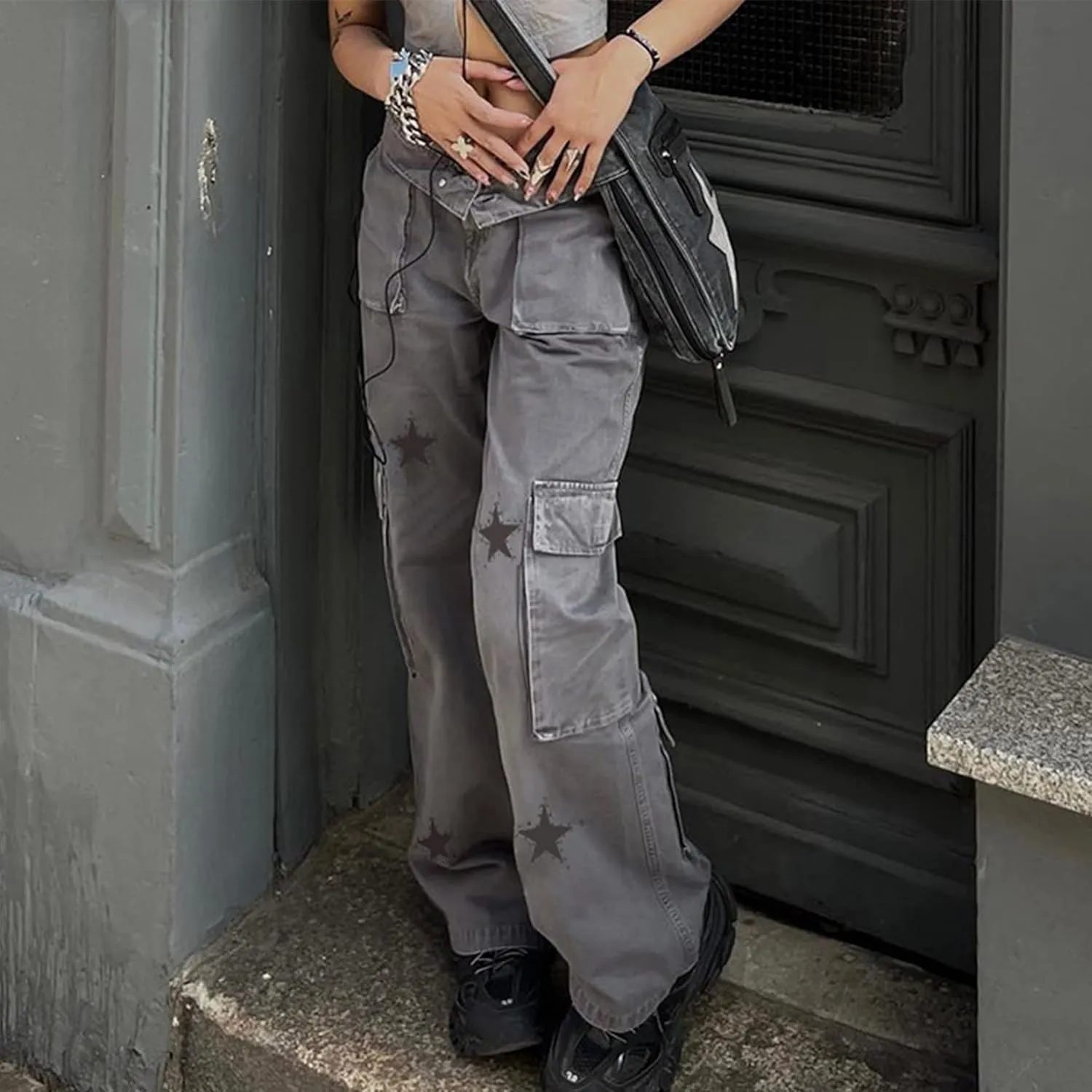 Women Vintage Punk Print Pants Casual Bell Bottom Hip Hop Jeans Loose High Waist Pocket Jeans